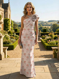 Sheath One Shoulder Floor-Length Mother of the Bride Dresses with Flower