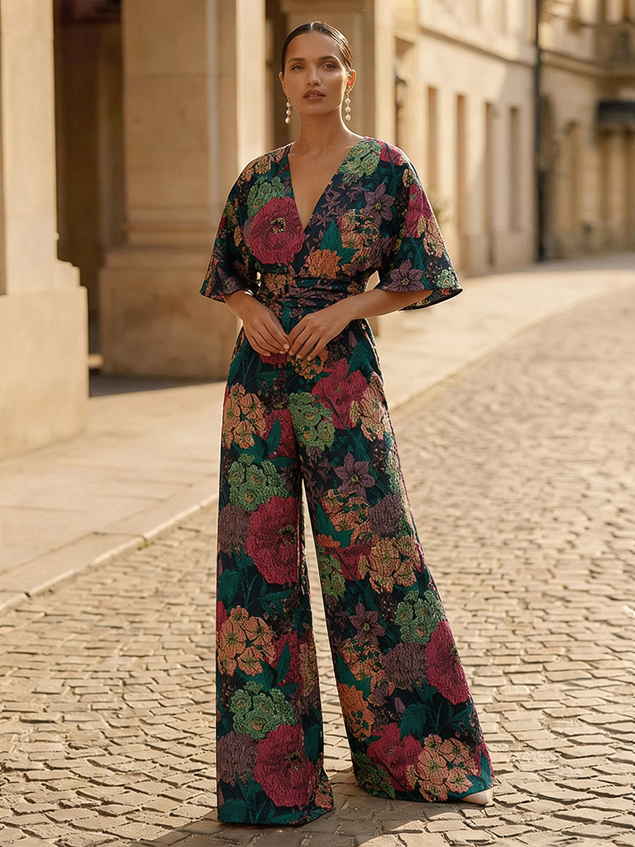 Jacquard Pantsuit V-Neck Floor-Length Formal Dresses with Ruched Waist