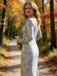 Sheath Square Neck Long Sleeve Tea-Length Mother of the Bride Dresses with Applique
