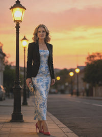 Sheath Square Neck Long Sleeve Tea-Length Mother of the Bride Dresses with Applique