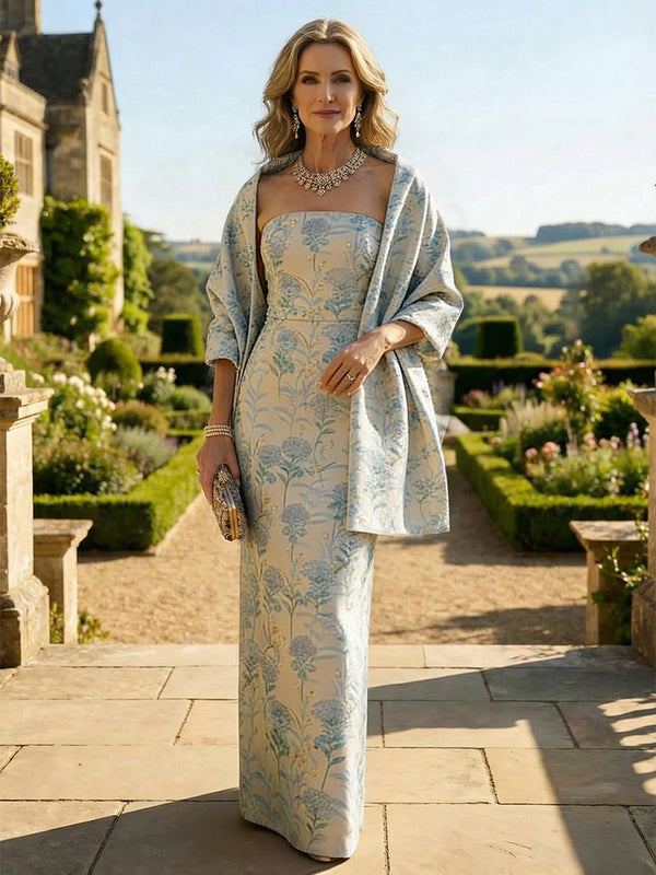 Mother of the Bride & Groom Dress Wedding Guest Gown Jacquard Sheath with Scarf