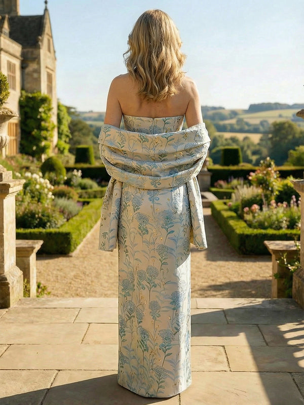 Mother of the Bride & Groom Dress Wedding Guest Gown Jacquard Sheath with Scarf