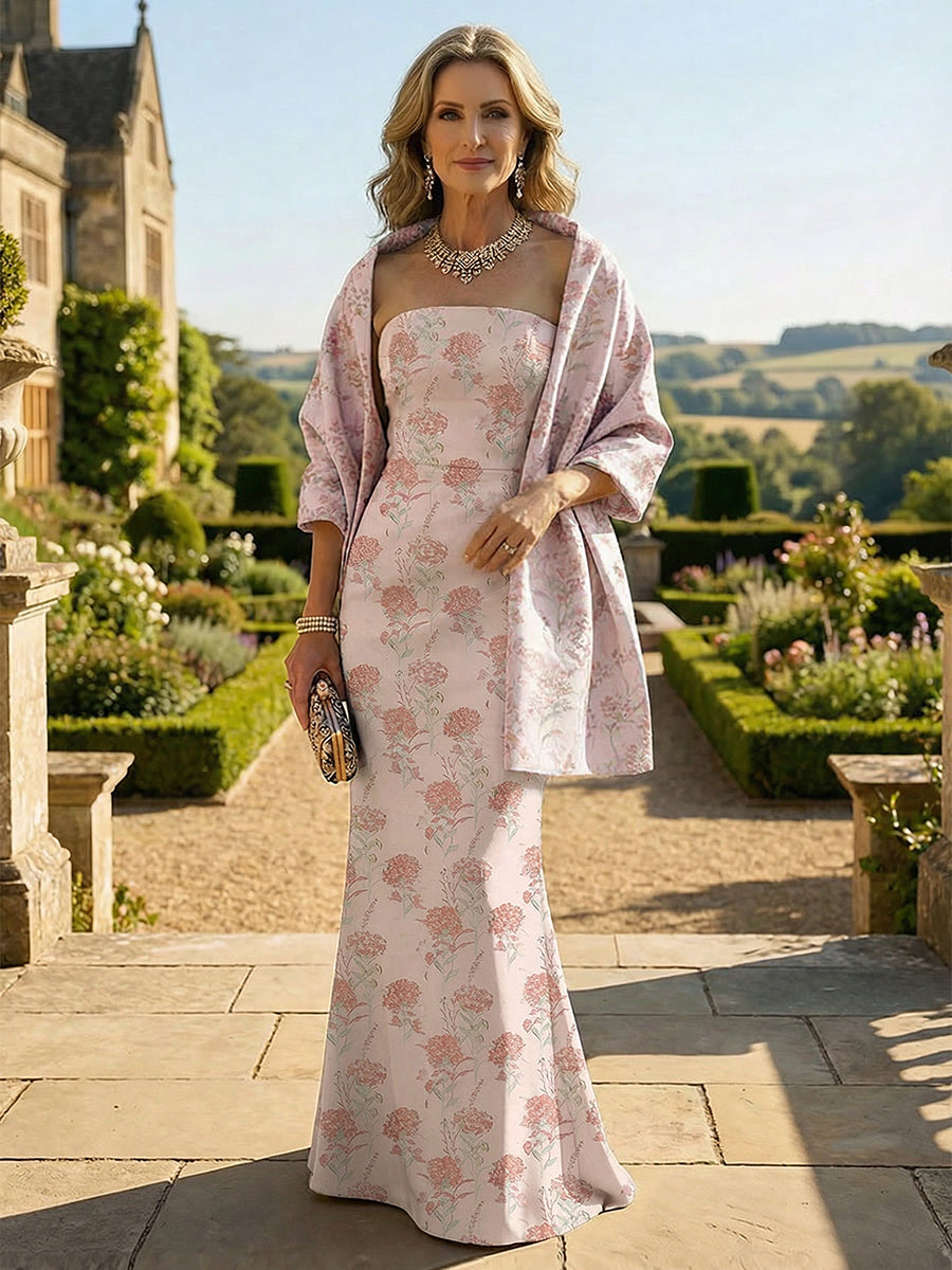 Mother of the Bride & Groom Dress Wedding Guest Gown Jacquard Sheath with Scarf