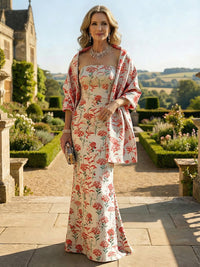 Mother of the Bride & Groom Dress Wedding Guest Gown Jacquard Sheath with Scarf