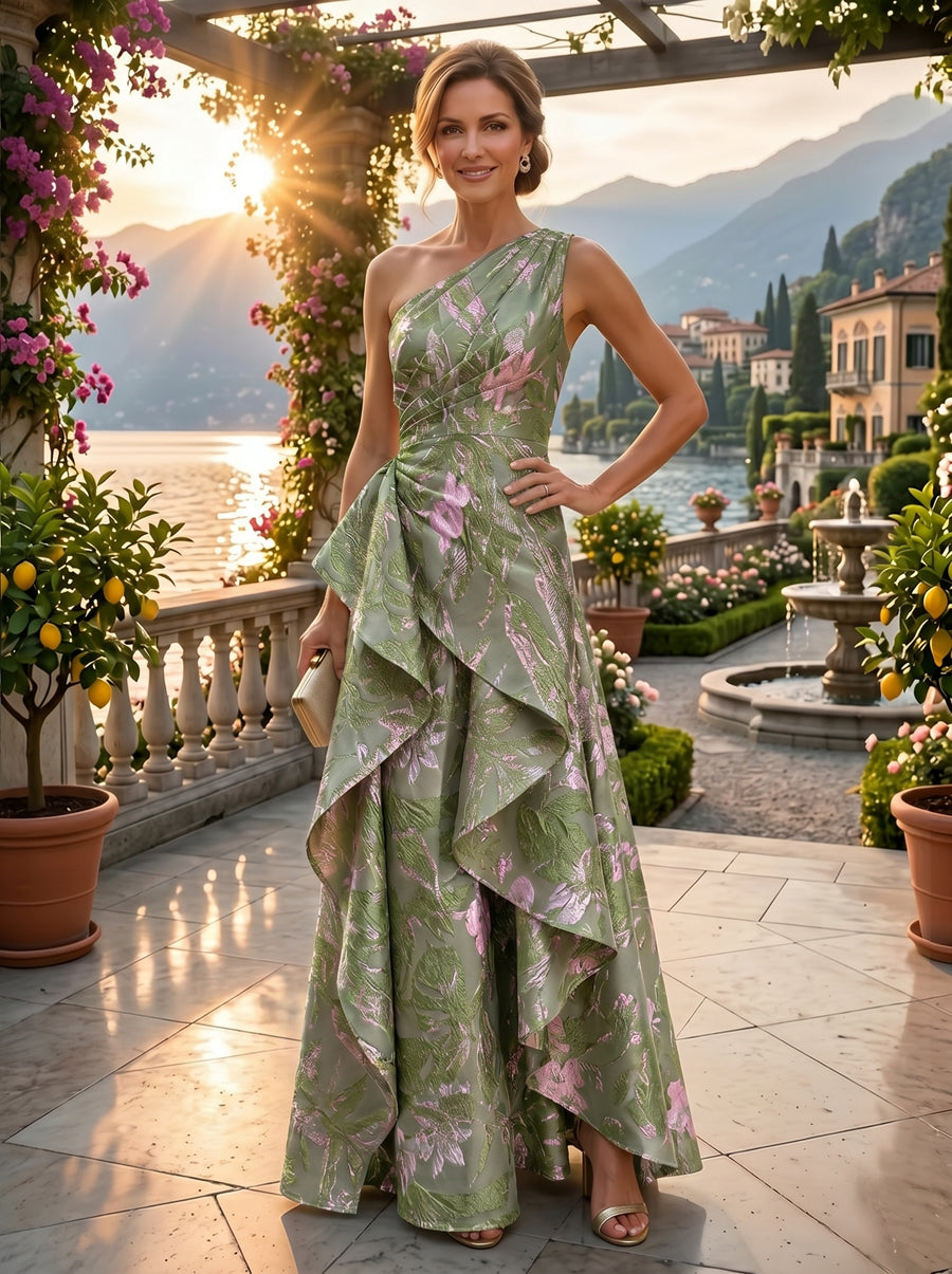 Jacquard Satin One Shoulder A-Line/Princess Long Mother of the Bride & Groom Dresses with Ruffles & Ruched Waist