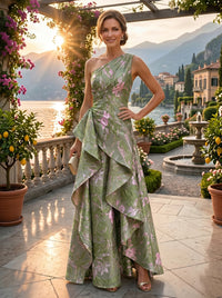 Jacquard Satin One Shoulder A-Line/Princess Long Mother of the Bride & Groom Dresses with Ruffles & Ruched Waist