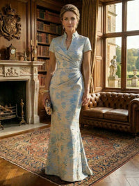 Mermaid Short Sleeve Stand Collar Mother of the Bride Dresses with Jacquard