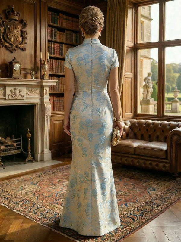 Mermaid Short Sleeve Stand Collar Mother of the Bride Dresses with Jacquard