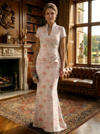 Mermaid Short Sleeve Stand Collar Mother of the Bride Dresses with Jacquard