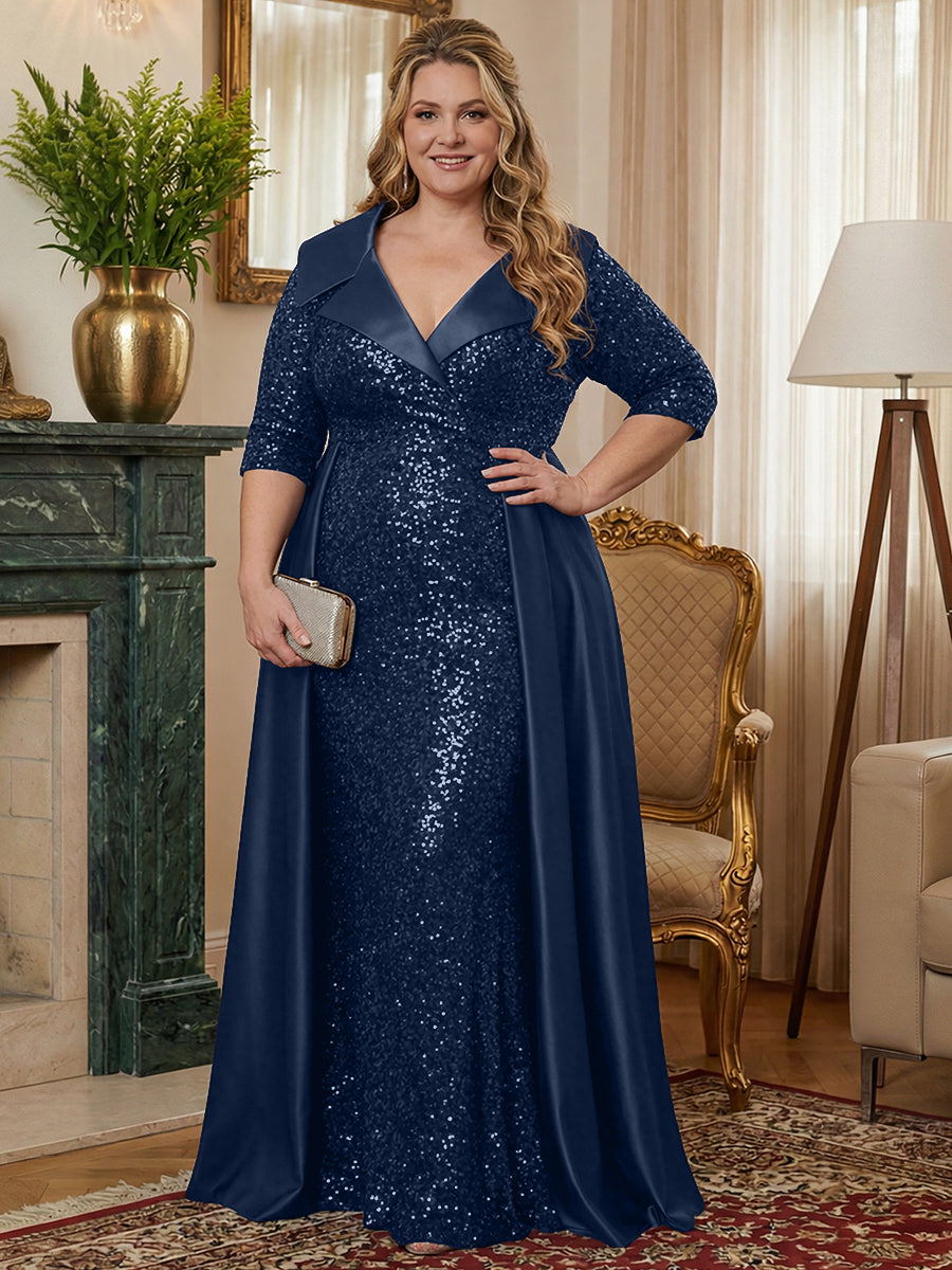 Plus Size Sheath V Neck 3/4 Sleeve Floor Length Elegant Mother of the Bride Dresses