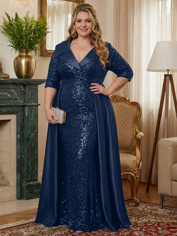 Plus Size Sheath V Neck 3/4 Sleeve Floor Length Elegant Mother of the Bride Dresses