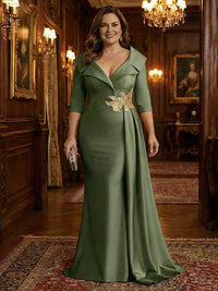 Plus Size A-Line Satin V-Neck 3/4 Sleeve Mother of the Bride Dresses Floor-Length Ball Gown with Applique