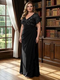 Plus Size A-Line Chiffon V-Neck Short Sleeve Mother of the Bride Dresses Floor-Length with Sequin Appliques
