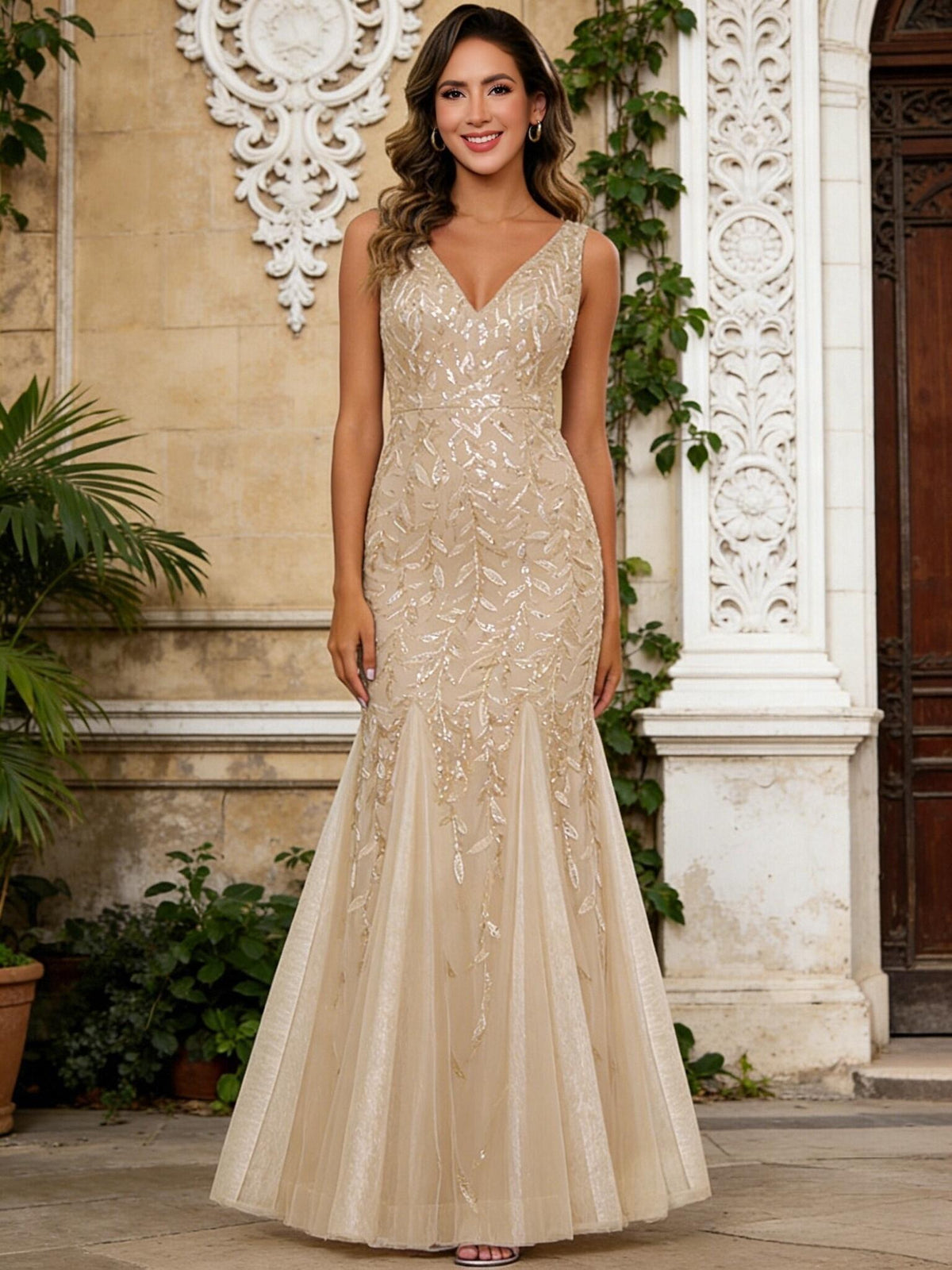 V Neck Mermaid Sequin Spaghetti Straps Mother of the Bride Dresses