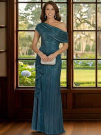 One Shoulder Satin Sequin Ruffles Mother of the Bride Dresses