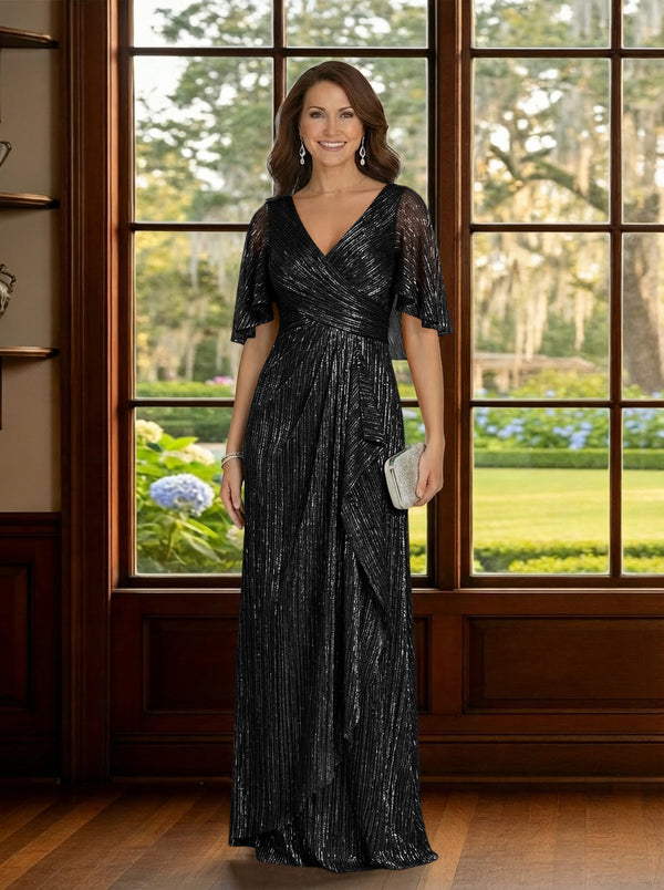 Glitter Tulle V Neck Mother of the Bride Dresses with Sleeves