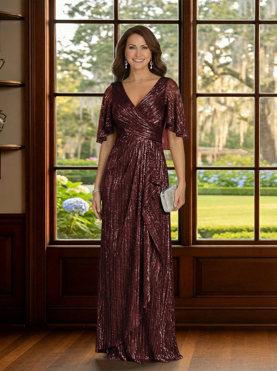Glitter Tulle V Neck Mother of the Bride Dresses with Sleeves