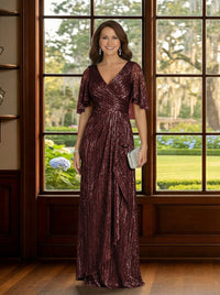 Glitter Tulle V Neck Mother of the Bride Dresses with Sleeves
