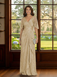 Glitter Tulle V Neck Mother of the Bride Dresses with Sleeves