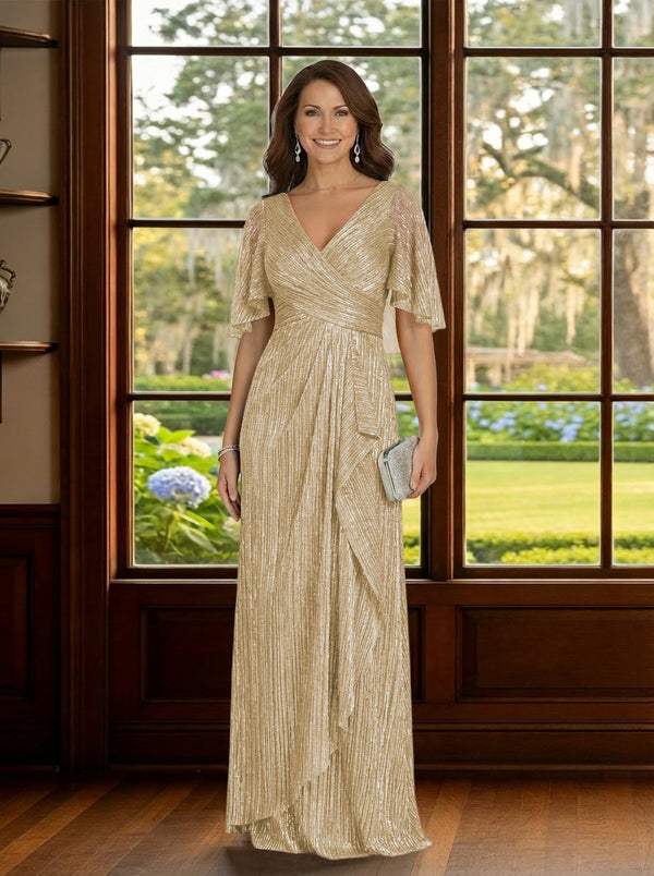 Glitter Tulle V Neck Mother of the Bride Dresses with Sleeves