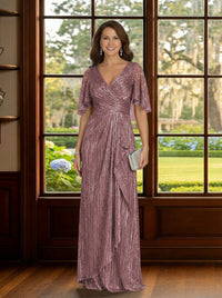 Glitter Tulle V Neck Mother of the Bride Dresses with Sleeves