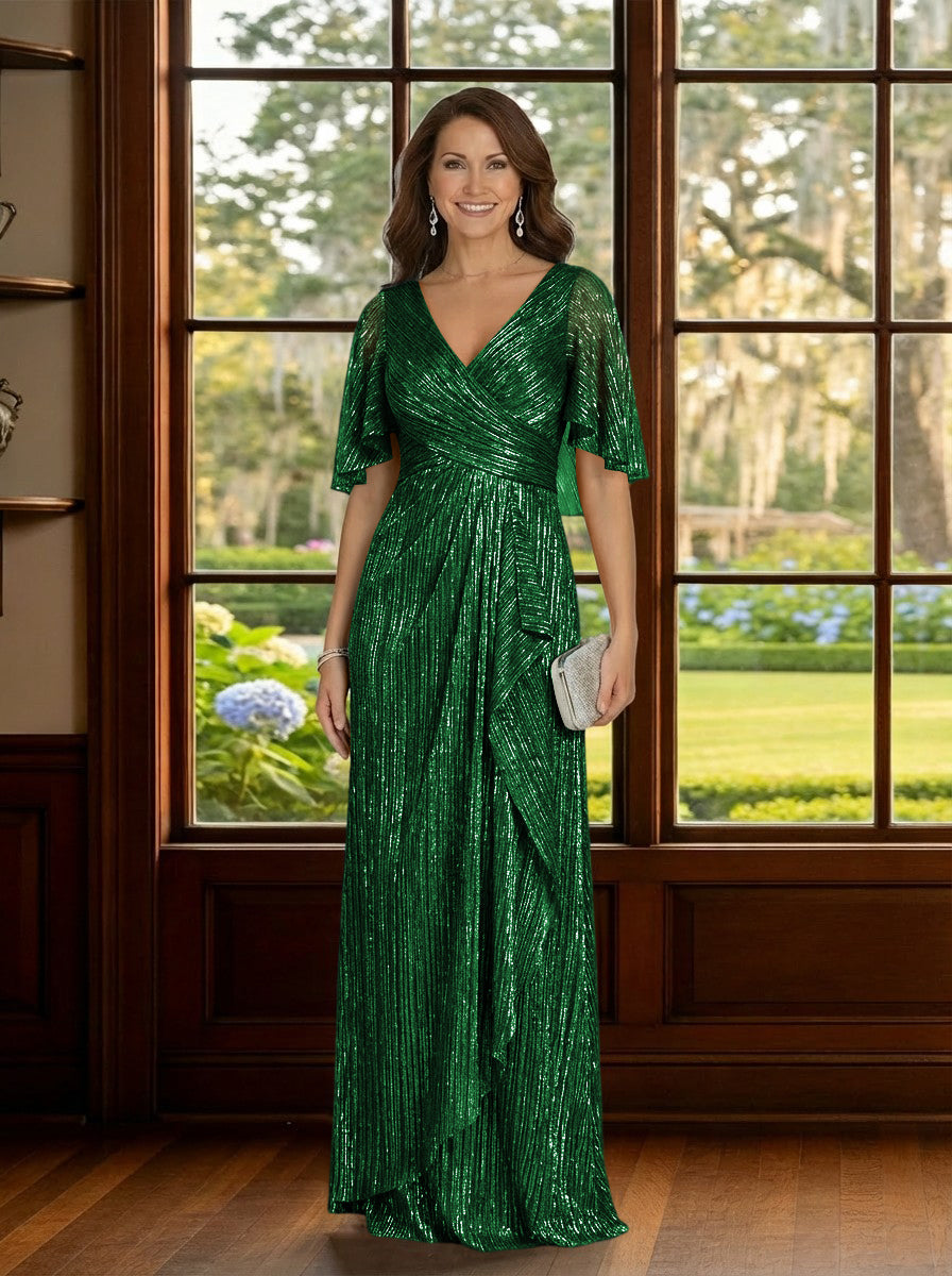 Glitter Tulle V Neck Mother of the Bride Dresses with Sleeves