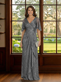 Glitter Tulle V Neck Mother of the Bride Dresses with Sleeves