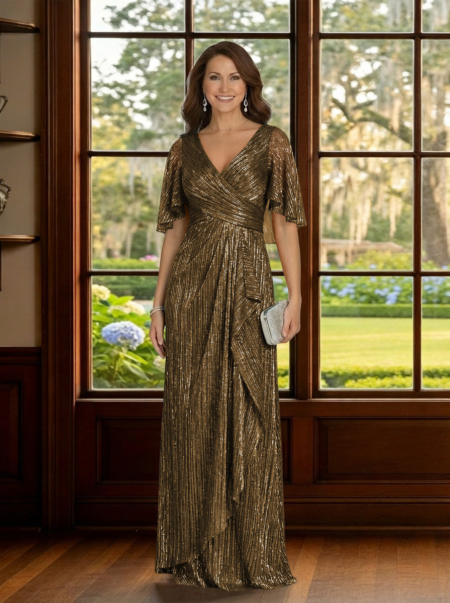 Glitter Tulle V Neck Mother of the Bride Dresses with Sleeves
