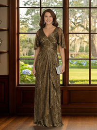 Glitter Tulle V Neck Mother of the Bride Dresses with Sleeves