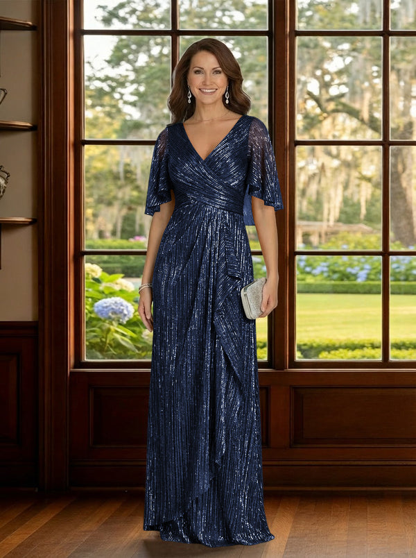Glitter Tulle V Neck Mother of the Bride Dresses with Sleeves