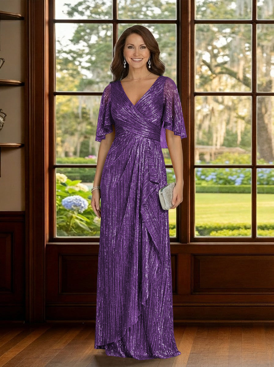Glitter Tulle V Neck Mother of the Bride Dresses with Sleeves