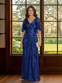 Glitter Tulle V Neck Mother of the Bride Dresses with Sleeves