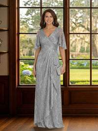 Glitter Tulle V Neck Mother of the Bride Dresses with Sleeves