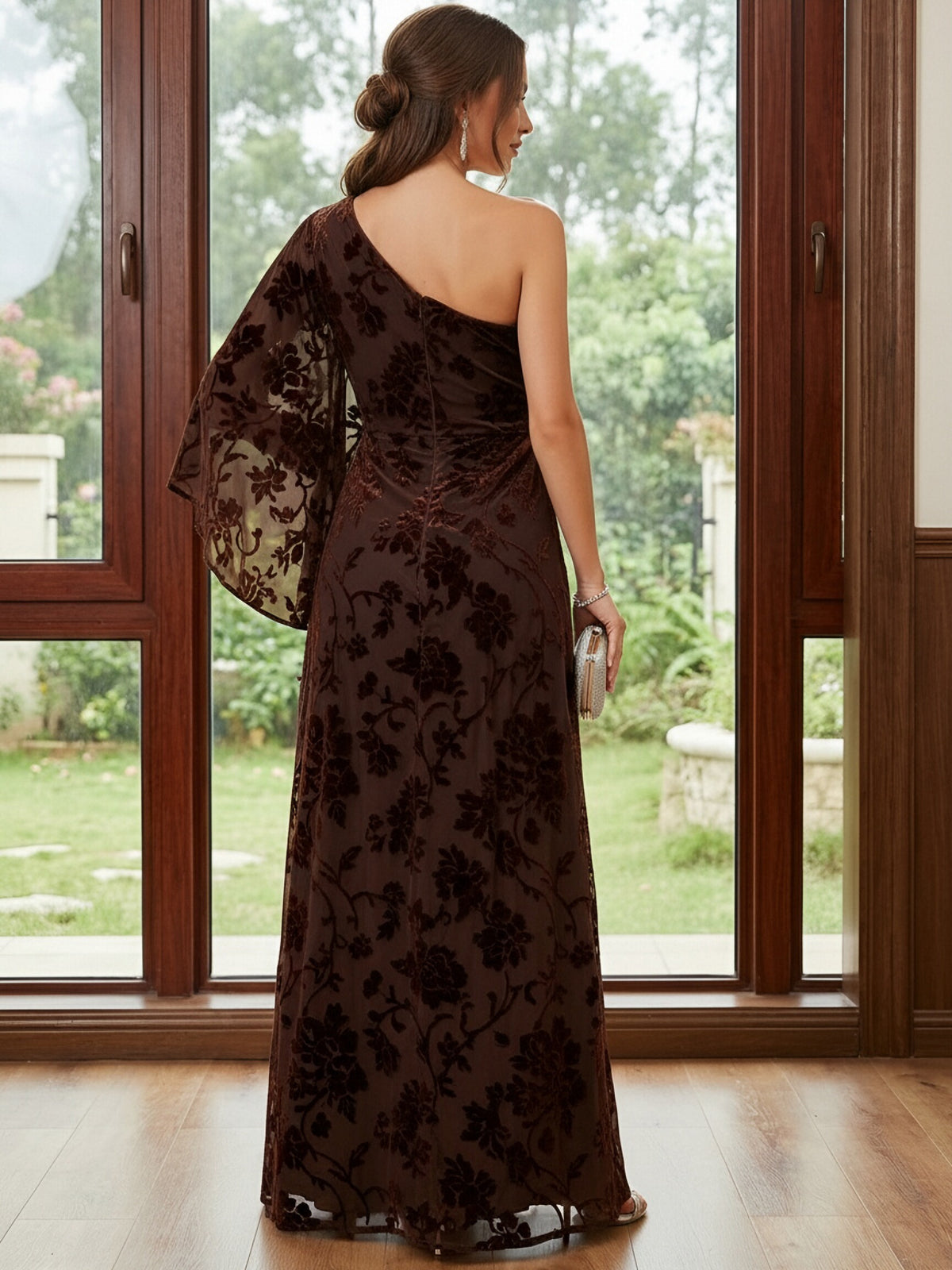 One Shoulder Floral Velvet Mother of the Bride Dresses with Sleeves