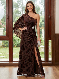 One Shoulder Floral Velvet Mother of the Bride Dresses with Sleeves