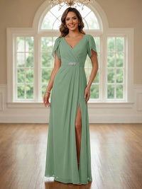 Chiffon Short Sleeves A Line Pleated Mother of the Bride Dresses