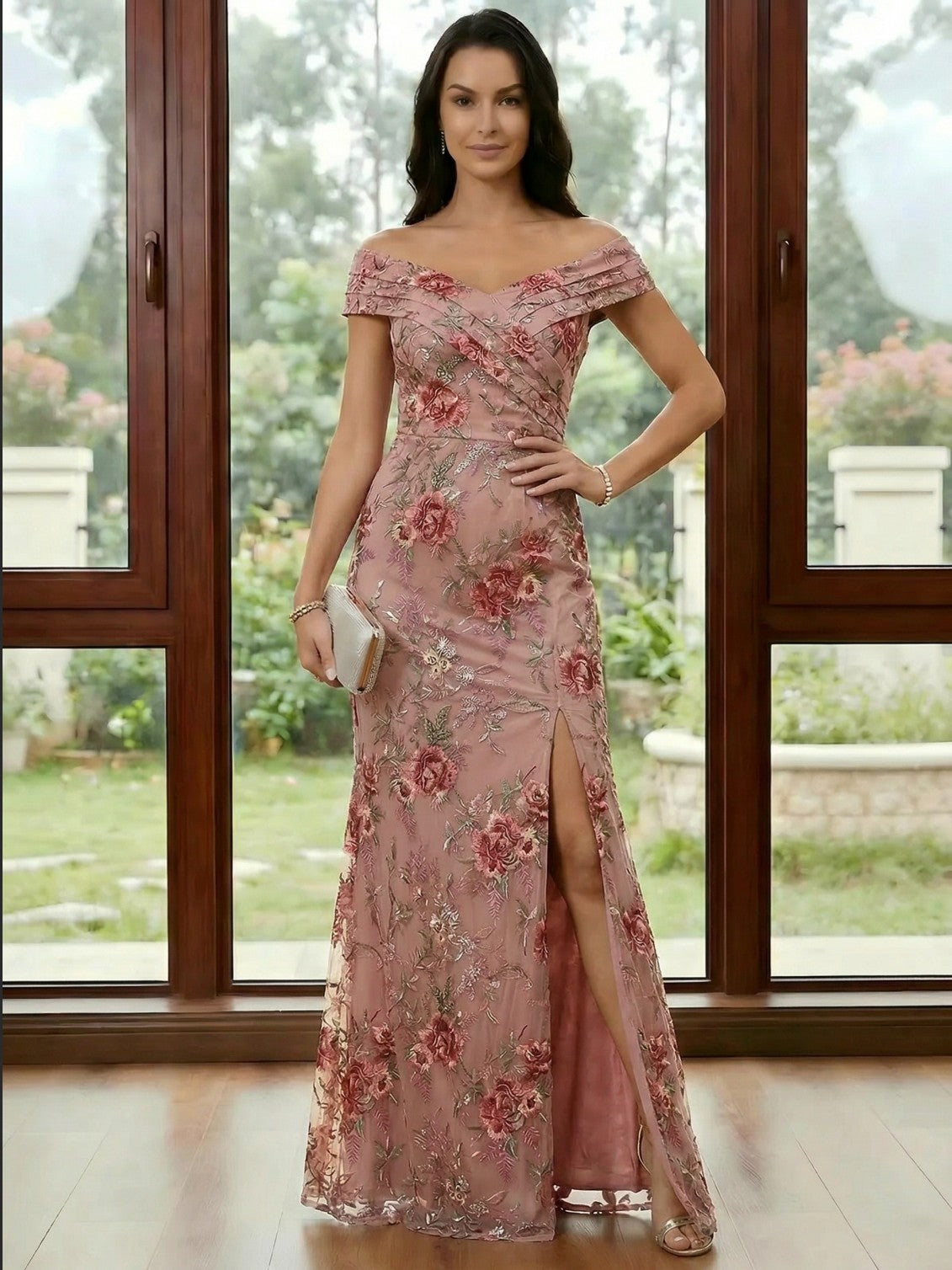 Off the Shoulder Lace Mermaid Ruched Mother of the Bride Dresses with Slit