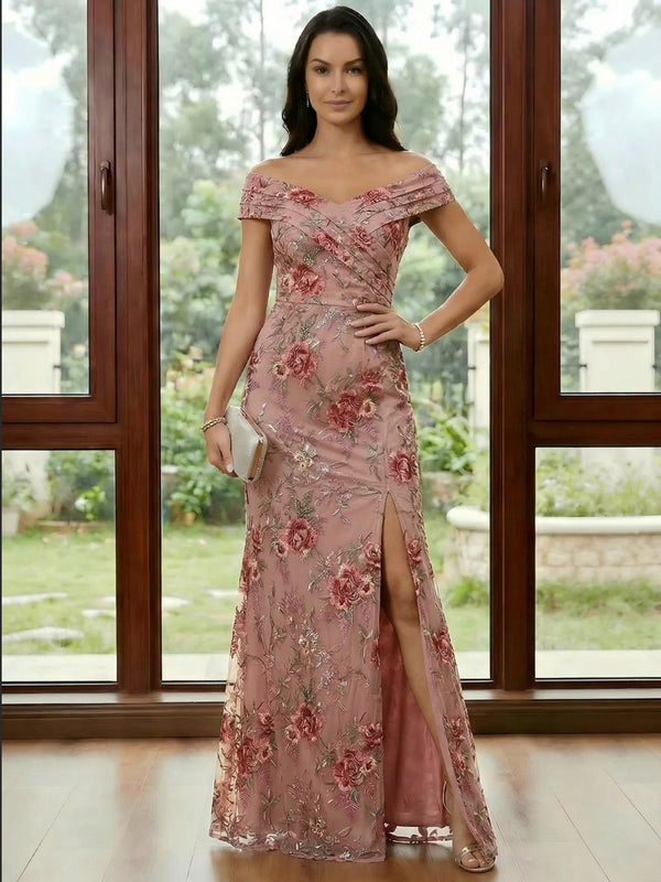 Off the Shoulder Lace Mermaid Ruched Mother of the Bride Dresses with Slit