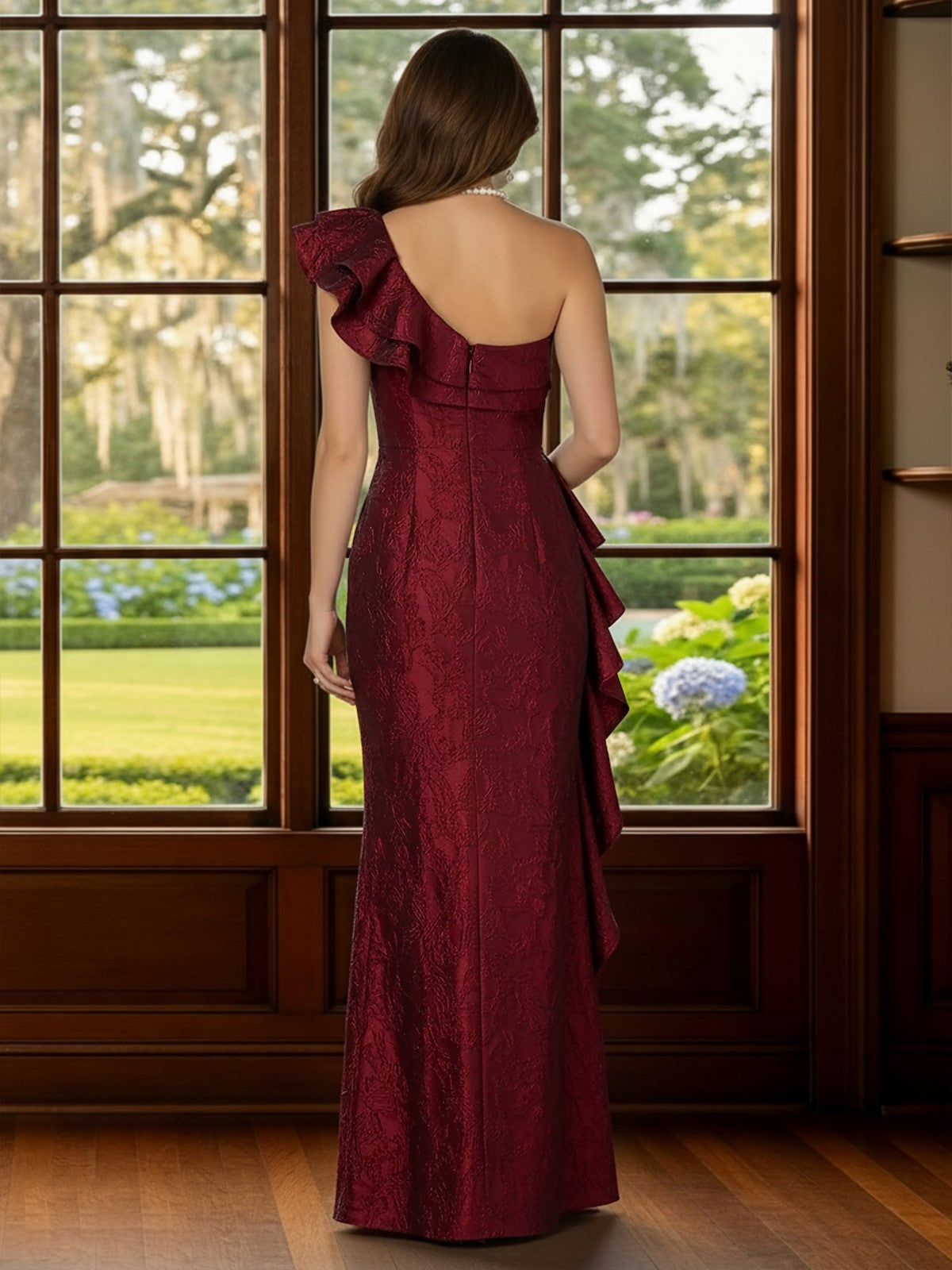 Jacquard One Shoulder Ruffle Sheath Mother of the Bride Dresses