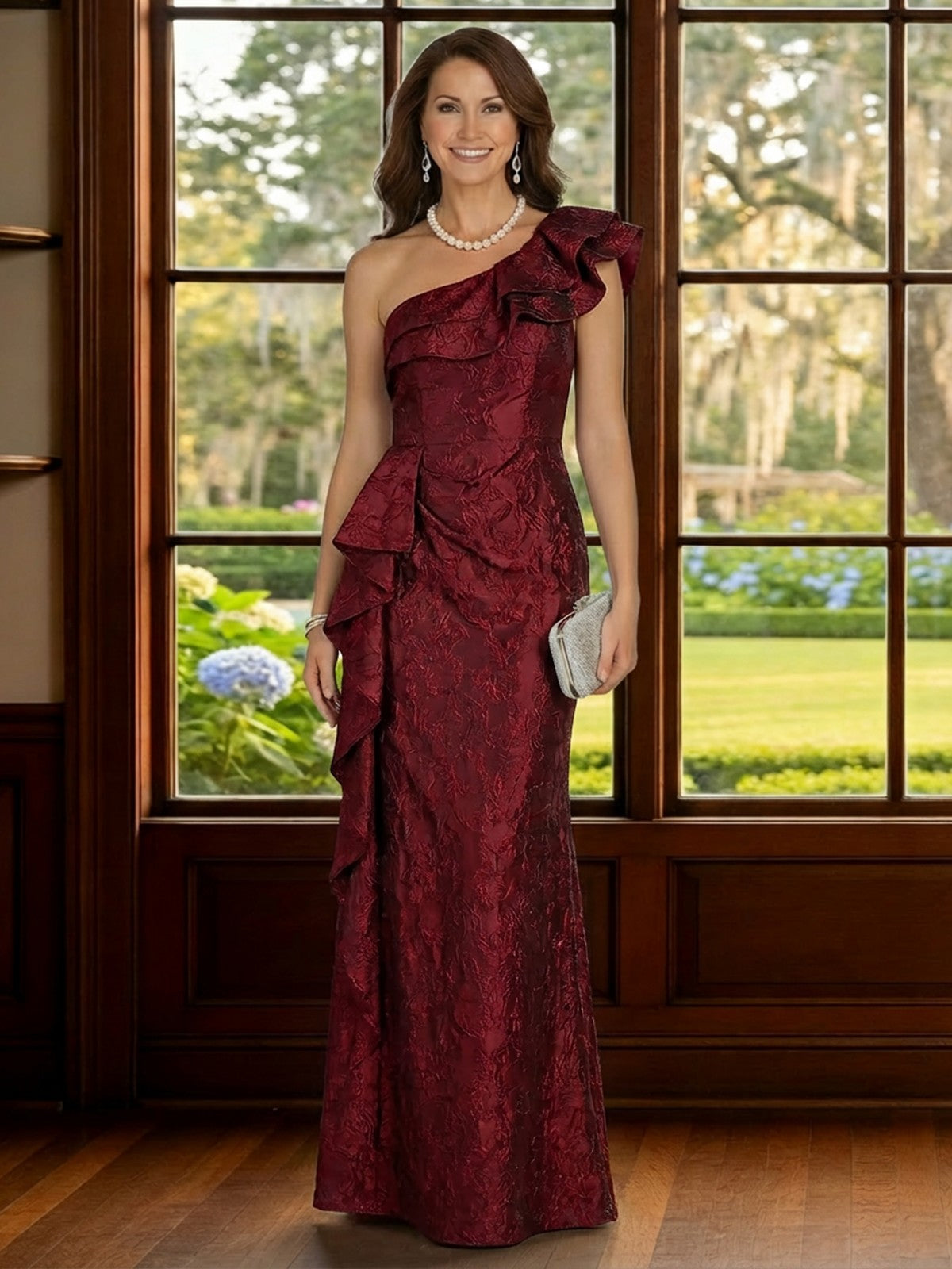 Jacquard One Shoulder Ruffle Sheath Mother of the Bride Dresses