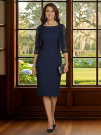 Chiffon Round Neck Tea Length Lace Appliques Bodycon Mother of the Bride Dresses