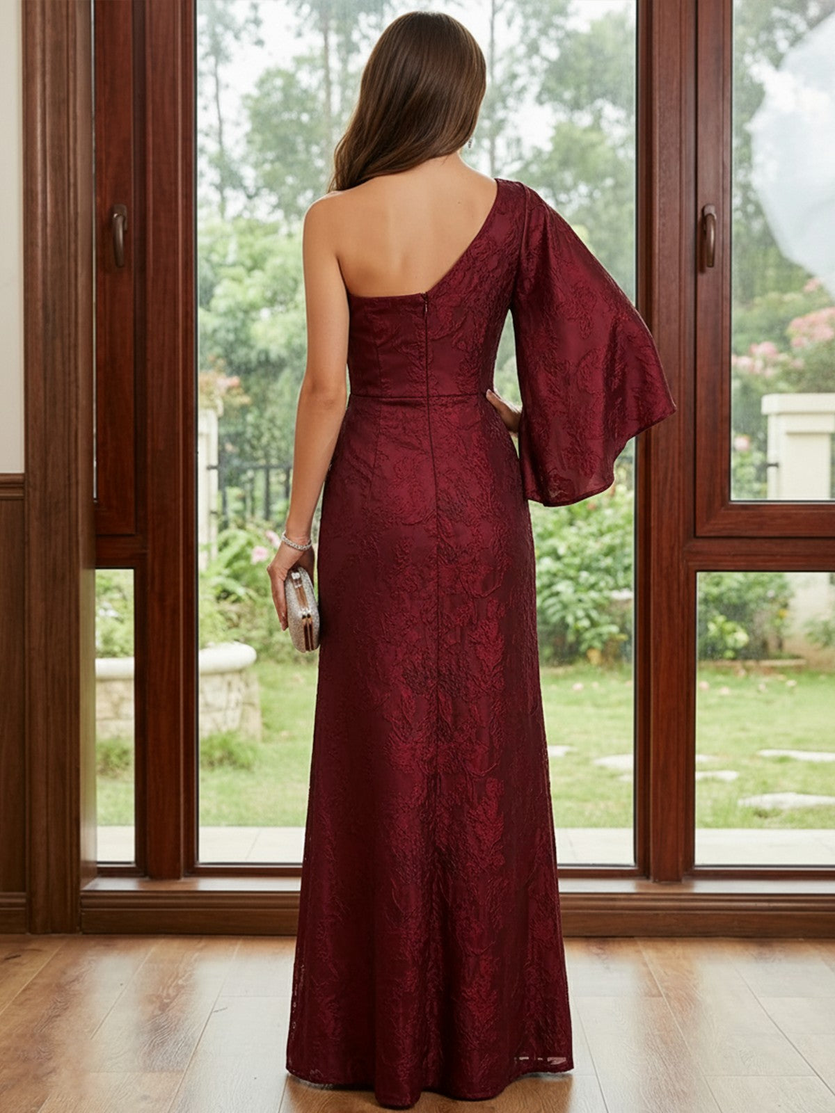 One Shoulder Long Sleeve A Line Pleated Lace Mother of the Bride Dresses with Slit