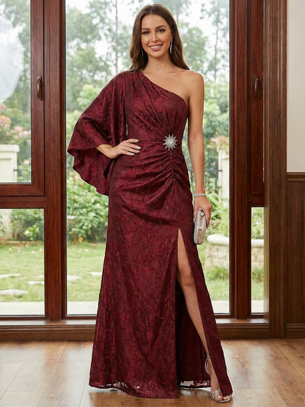 One Shoulder Long Sleeve A Line Pleated Lace Mother of the Bride Dresses with Slit
