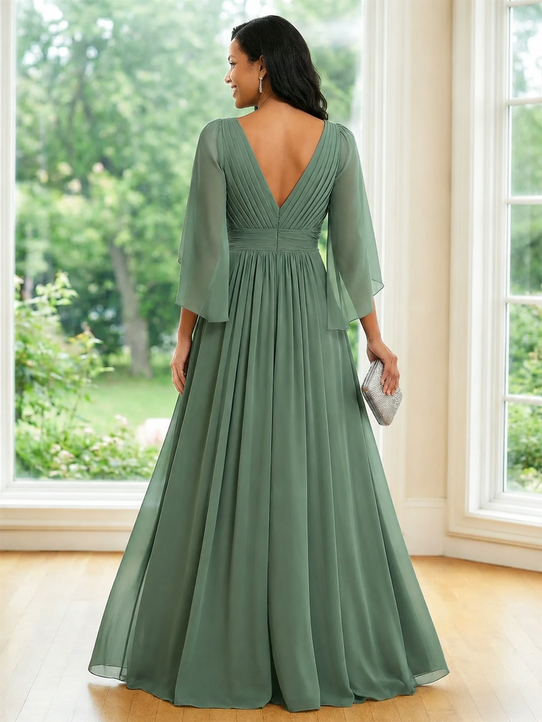 Chiffon V Neck A Line Ruched Mother of the Bride Dresses with Long Sleeves