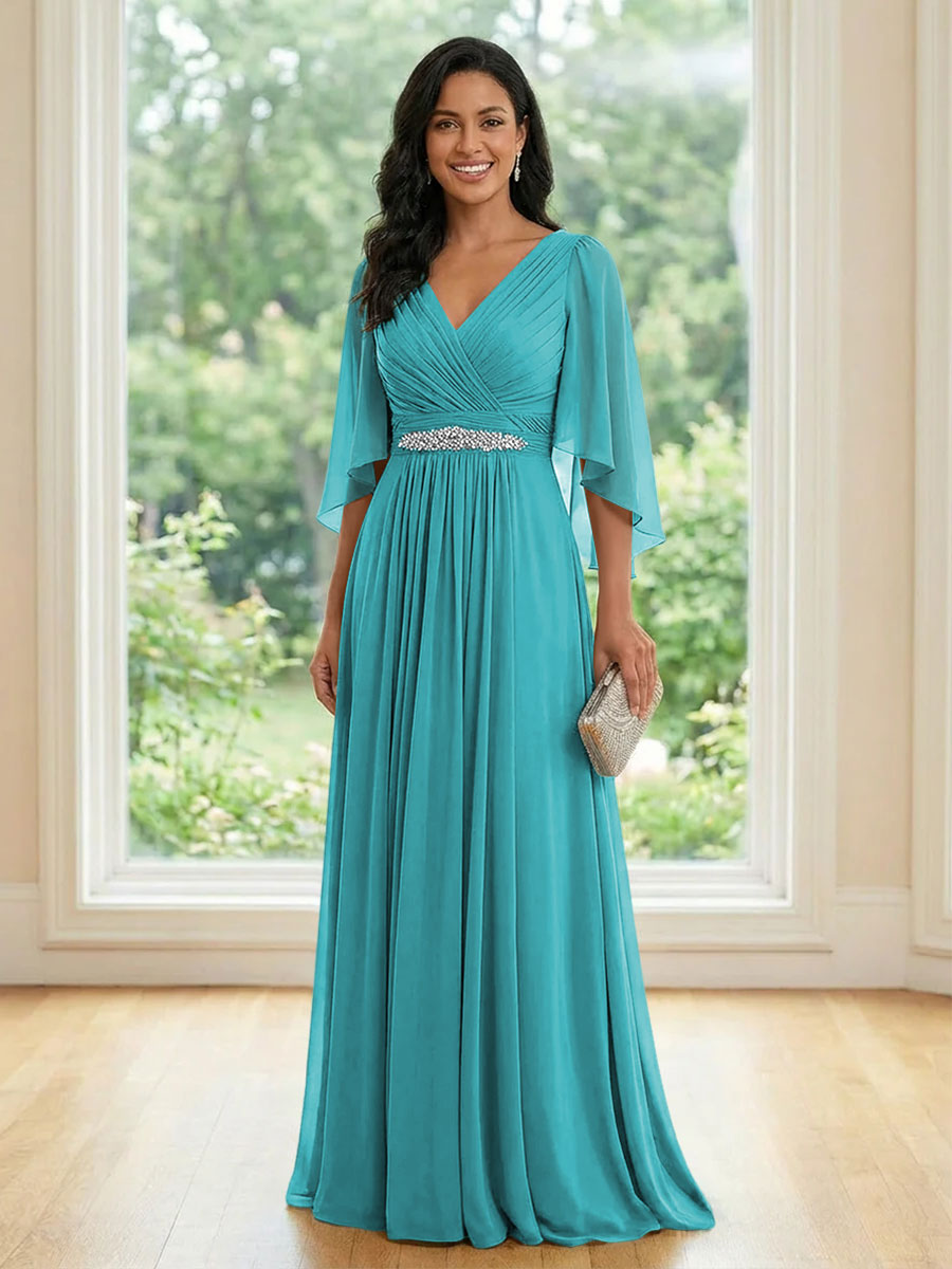 Chiffon V Neck A Line Ruched Mother of the Bride Dresses with Long Sleeves