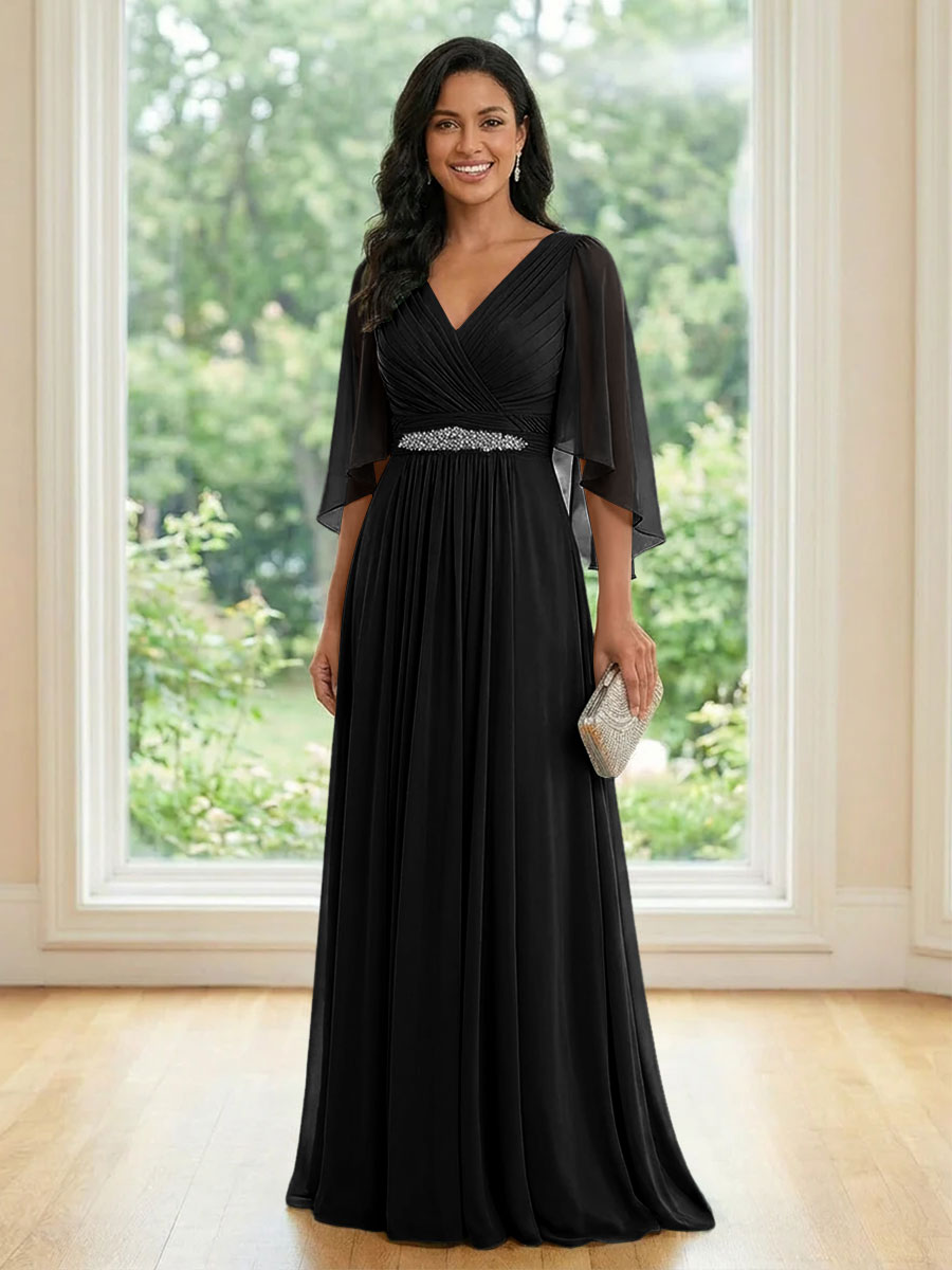 Chiffon V Neck A Line Ruched Mother of the Bride Dresses with Long Sleeves