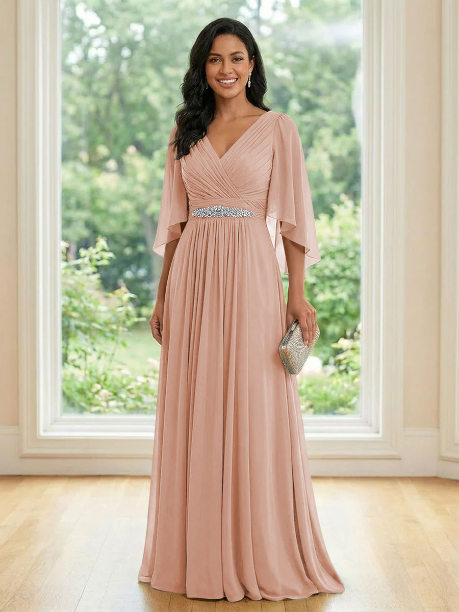 Chiffon V Neck A Line Ruched Mother of the Bride Dresses with Long Sleeves