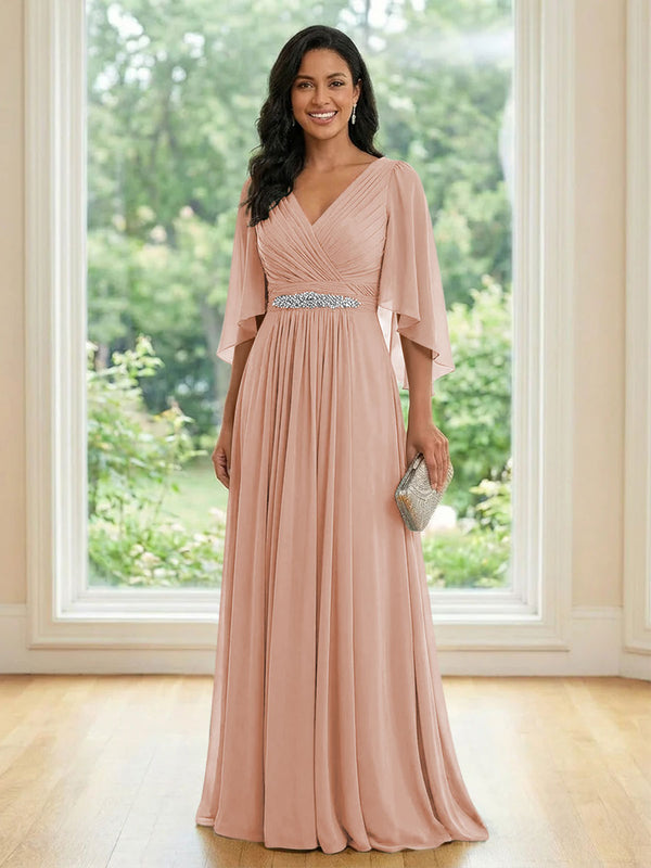 Chiffon V Neck A Line Ruched Mother of the Bride Dresses with Long Sleeves