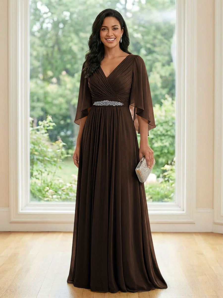 Chiffon V Neck A Line Ruched Mother of the Bride Dresses with Long Sleeves