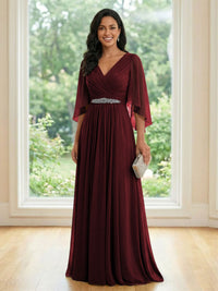 Chiffon V Neck A Line Ruched Mother of the Bride Dresses with Long Sleeves